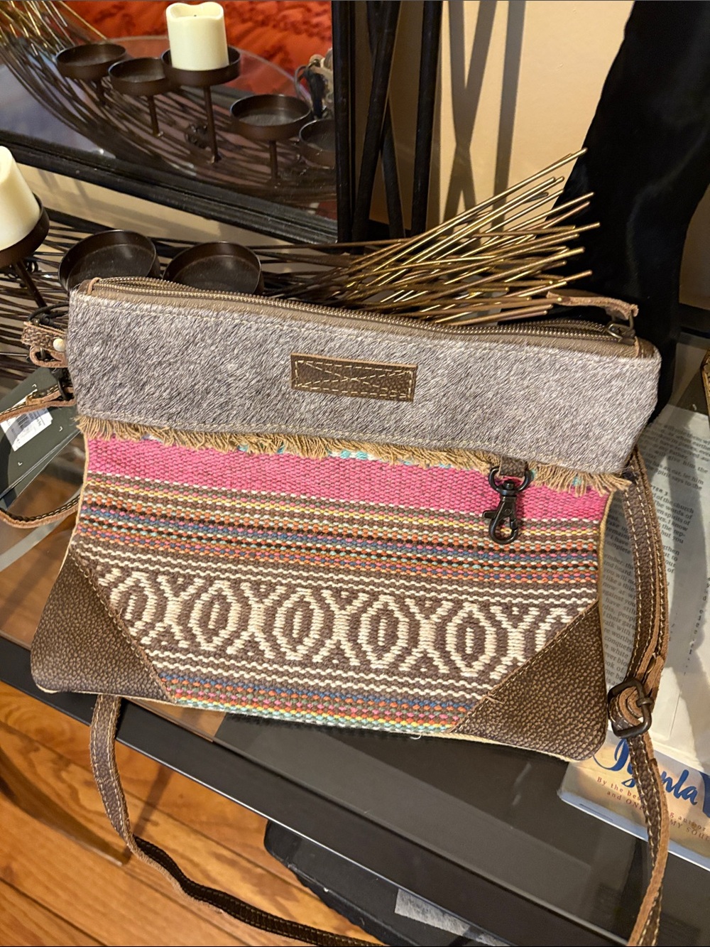 Myra Bag Pink, Brown & Gray Woven Crossbody with Tribal Pattern